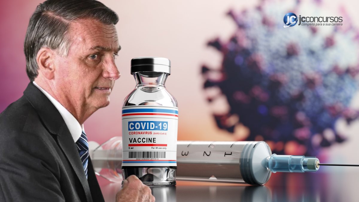 Ex-presidente Jair Bolsonaro (PL) ao lado de um imunizante contra a Covid-19 - Divulgação JC Concursos - Cartão de vacinação de Bolsonaro
