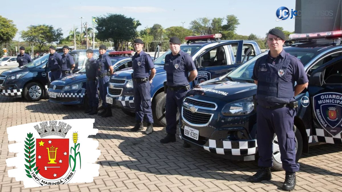 Concurso para guarda de Maringá PR: guardas municipais ao lado de viaturas