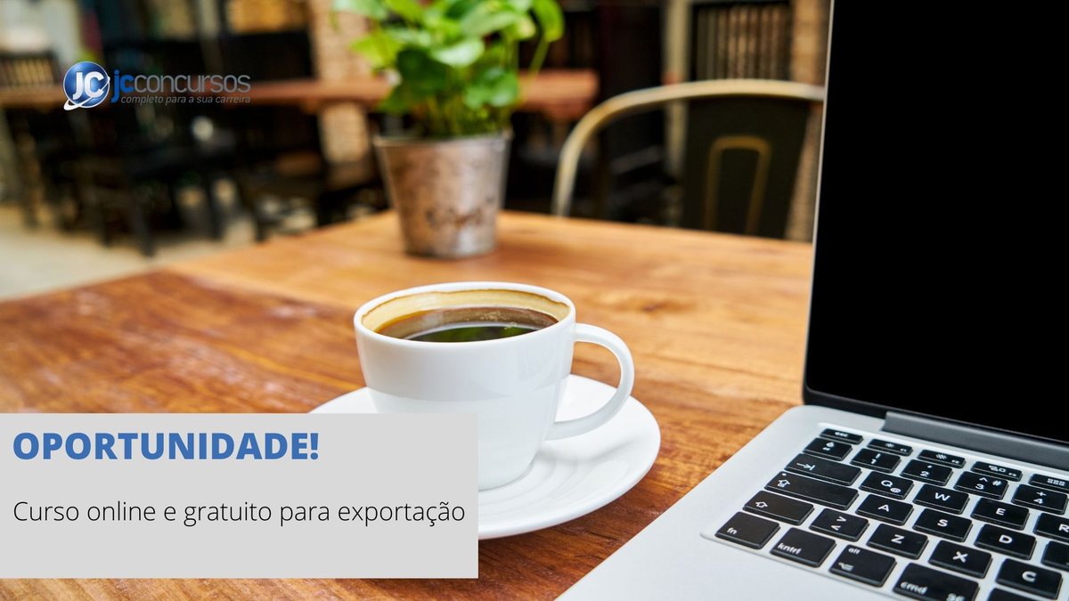 Um notebook do lado de uma xícara de café - Canva - Curso online e gratuito para exportação