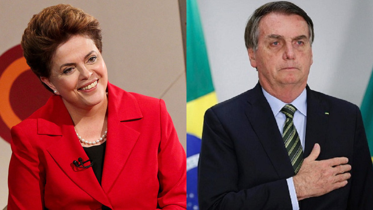 Dilma Roussef com terno vermelho à esquerda e Bolsonaro à direita - Divulgação