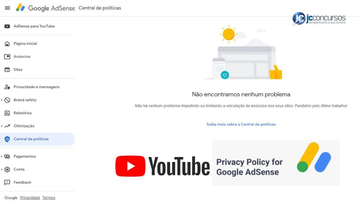 Painel do do Google Adsense do JC Concursos - Reprodução - Google Adsense emitiu alertas antes de penalizar Jovem Pan