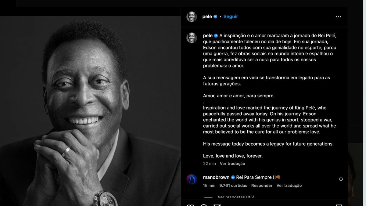 Ex-jogador considerado o atleta do século morreu nesta quinta (29) - Reprodução Redes Sociais - Pelé