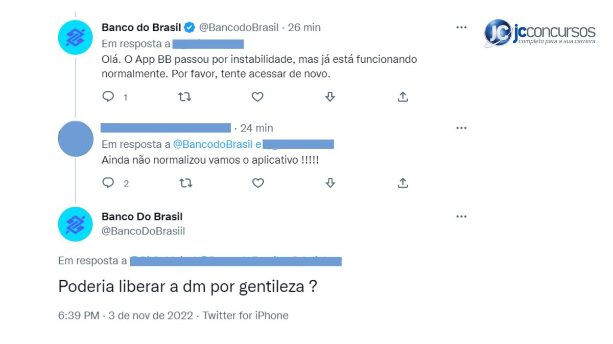 Criminosos criam perfil falso do Banco do Brasil para e abordam clientes - Divulgação/JC Concursos