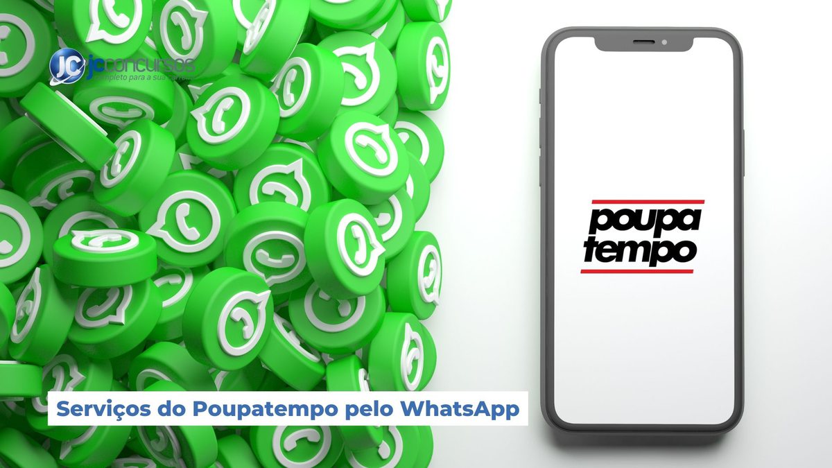 Um celular com a logo do Poupatempo do lado do ícone do WhatsApp - Canva - Serviços do Poupatempo pelo WhatsApp