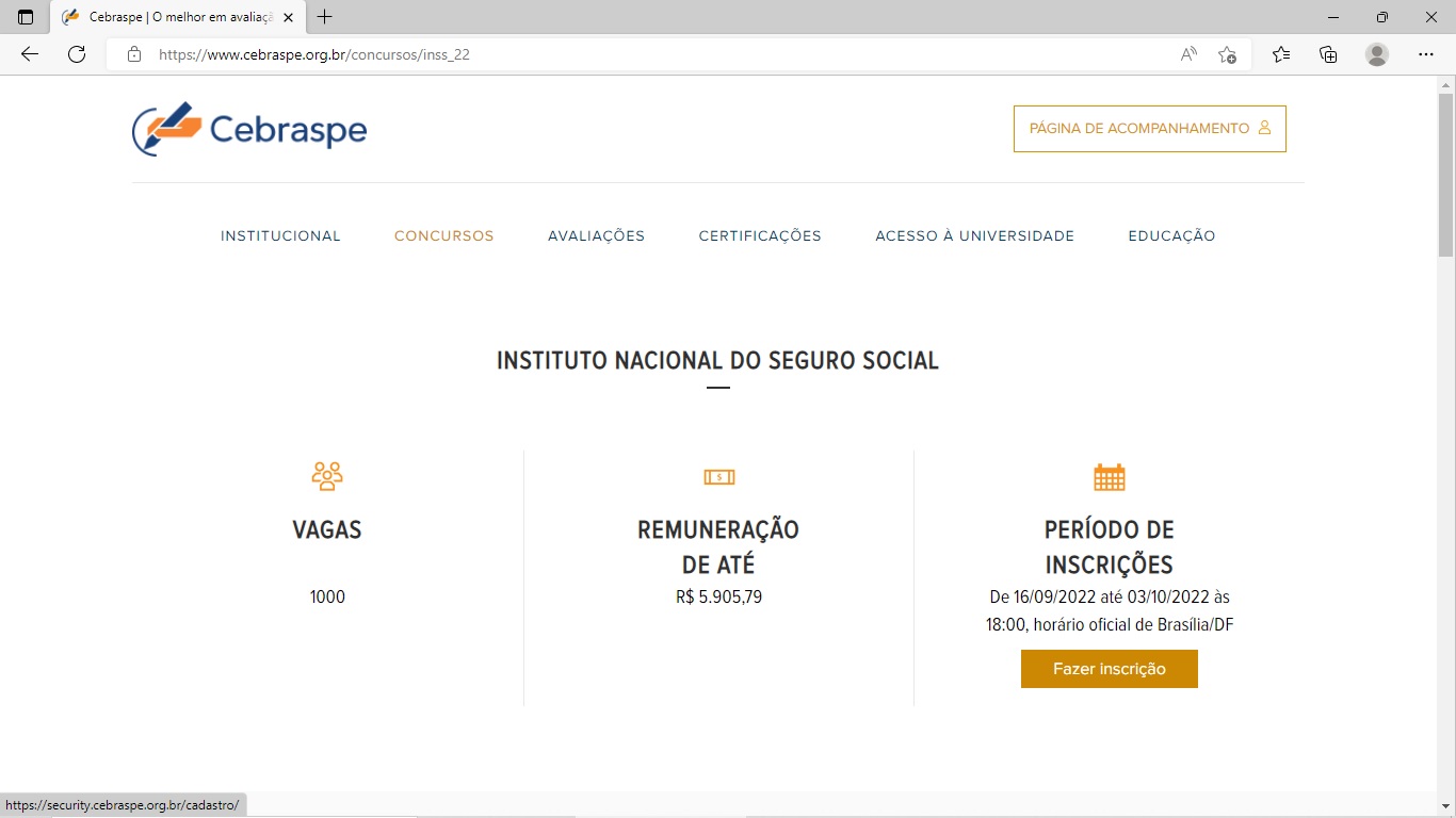 Imagem mostra página no site do Cebraspe para inscrição no concurso do INSS