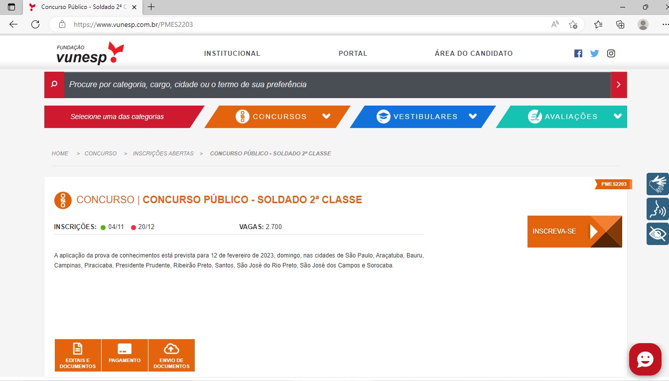 Página no site da Vunesp para inscrição no concurso da PM SP