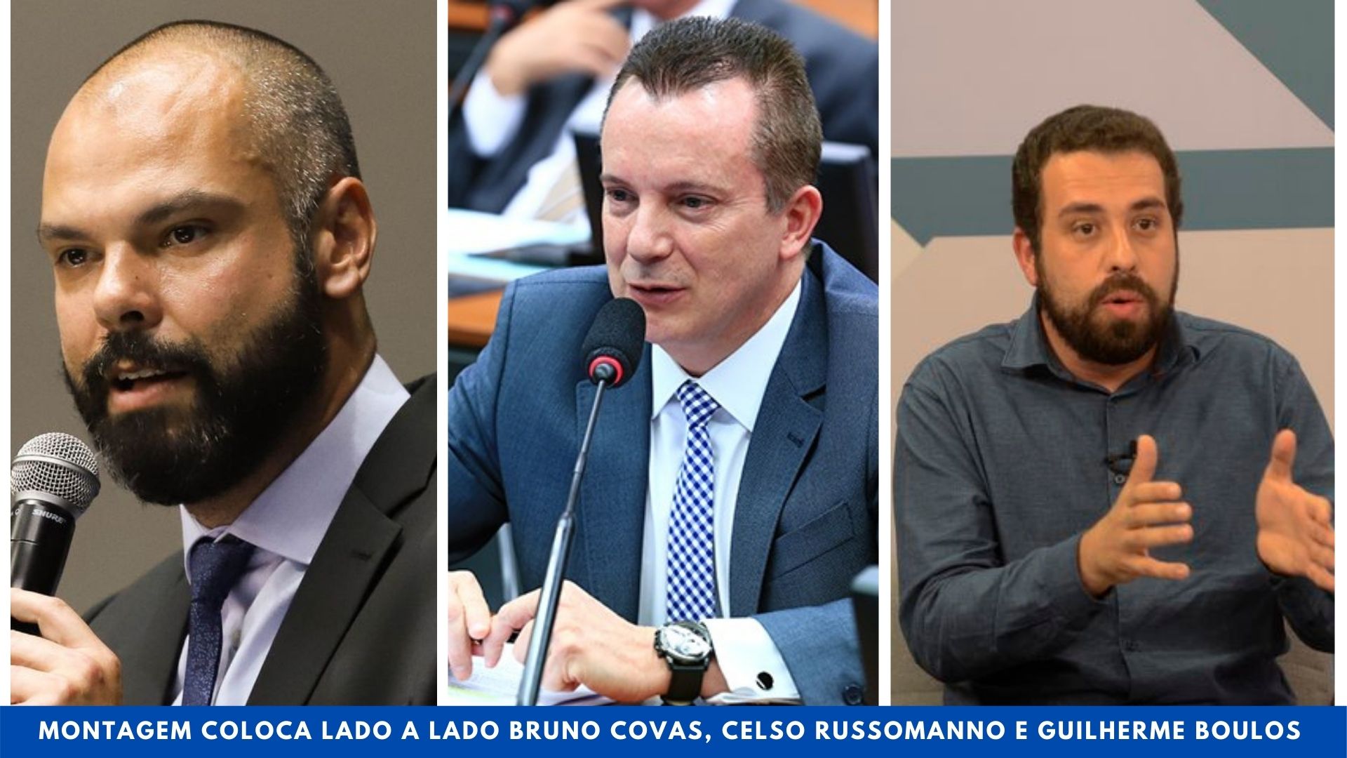 Montagem coloca lado a lado Bruno Covas, Celso Russomanno e Guilherme Boulos